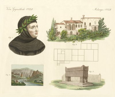 Petrarca, His flat in Arqua, His tomb together with a view of Vaucluse by German School