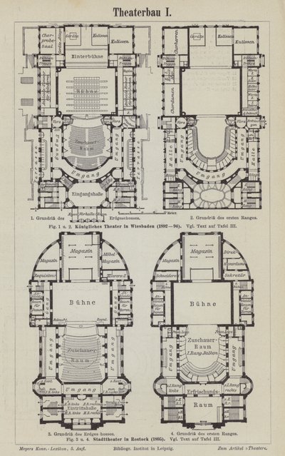 Plans of the Royal Theatre, Wiesbaden and the Municipal Theatre, Rostock, Germany by German School