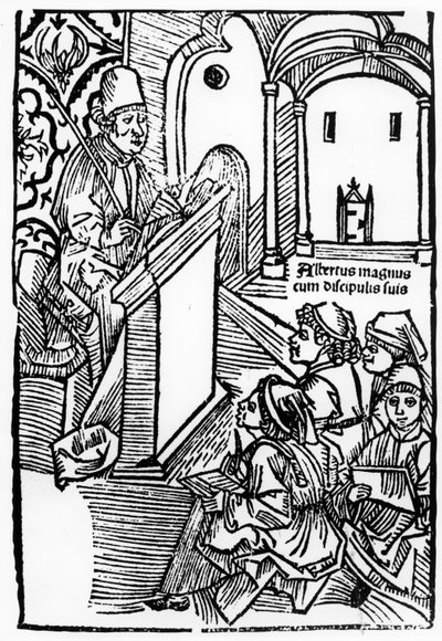 Portrait of Albertus Magnus with some of his pupils, illustration for the title page of Epitomata, reparations, or the whole of natural philosophy of Aristotle by Gerardus de Harderwyck, published 14 by German School