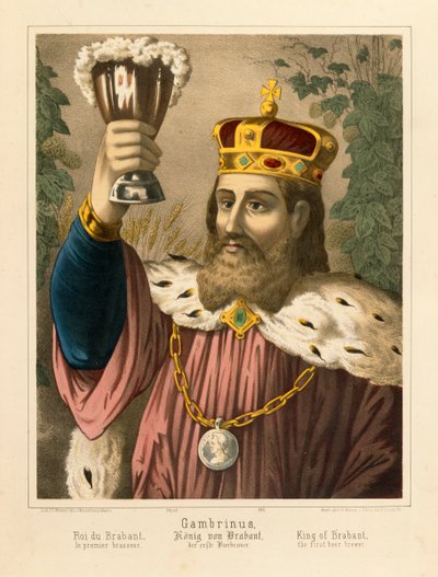 Portrait of Gambrinus, Legendary King of Flanders, Pictorial Broadsheet Published by F.C. Wentzel, Weissenburg, 1870 by German School