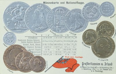Postcard depicting British currency and its equivalents in other European money by German School