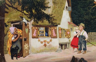 Postcard depicting the witch inviting Hansel and Gretel to enter the gingerbread house by German School