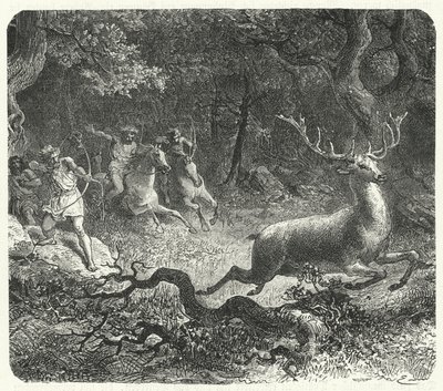 Prehistoric Men Using Horses to Hunt (engraving) by German School