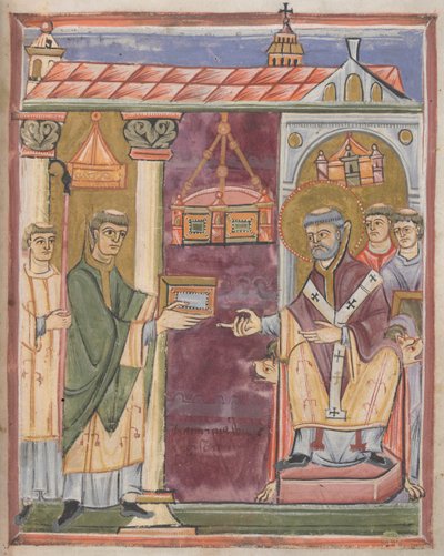 Priest presenting a book [to St. Augustine?] by German School
