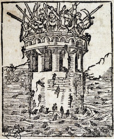 Rats attacking a tower - 16th century German engraving by German School