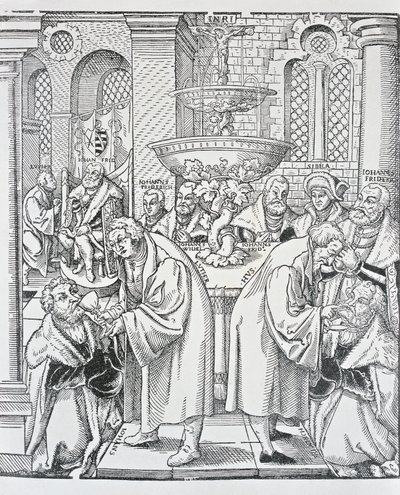 Reformers Martin Luther and Jan Hus Administering Communion by German School
