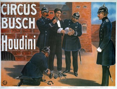 Reproduction of a poster of 1907 showing Houdini prior to an escape from a German prison by German School