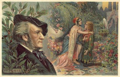 Richard Wagner and a scene from his opera Parsifal by German School