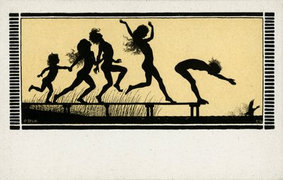Silhouette of Children Diving into a Lake by German School