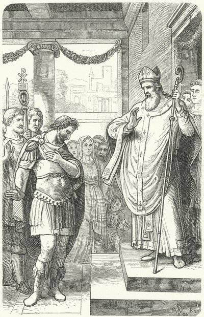 St Ambrose barring the Roman Emperor Theodosius I from entering Milan Cathedral as punishment for the Massacre of Thessalonica, 390 (engraving) by German School