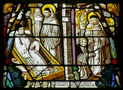 St Bernard cures a sick man who then wishes to join the order but is sent away by German School
