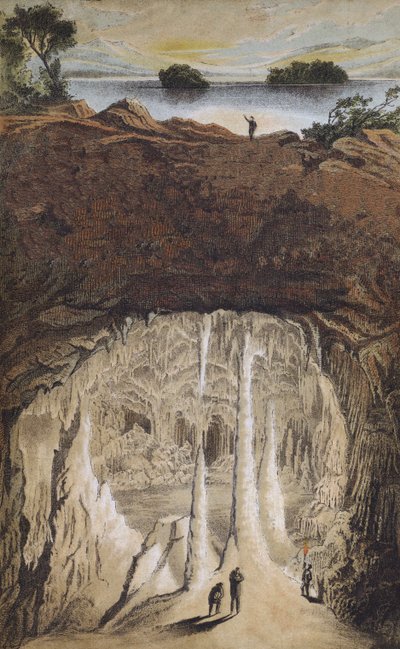 Stalactites and stalagmites in a cave by German School