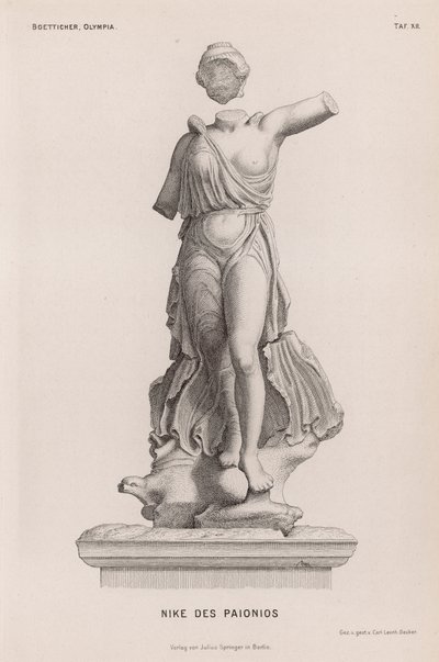 Statue of Nike, Ancient Greek goddess of victory, by Paionios, excavated at Olympia, Greece by German School