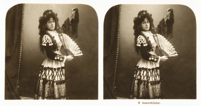 Stereoscopic card depicting a young woman in traditional Spanish costume from the Aragon area, c.1900 by German School