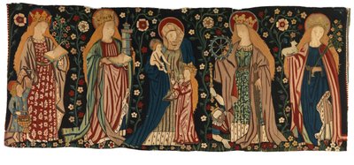 Tapestry antependium depicting St Anne, the Virgin and Christ, and four female saints by German School