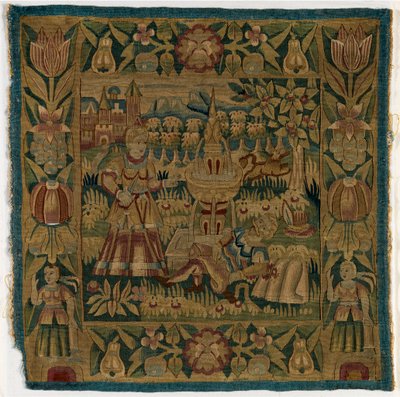 Tapestry cushion cover depicting Pyramus and Thisbe by German School