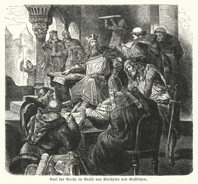 The Emperor Charlemagne surrounded by scholars and members of the clergy by German School