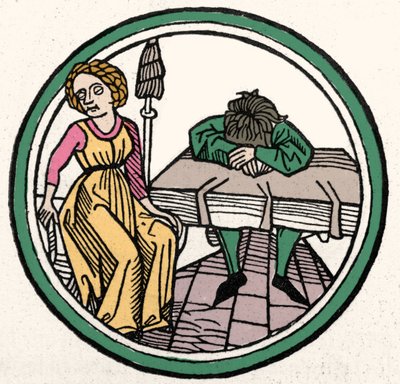 The Four Temperaments: Melancholic (sad and depressed) (Xylography, Augsburg 1480) by German School