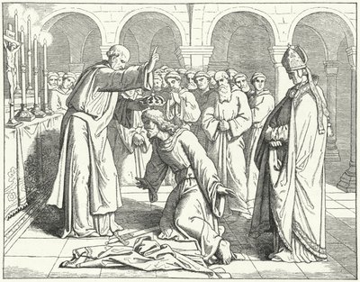 The Holy Roman Emperor Henry II receiving a blessing at the Monastery of St Vitus in Verdun by German School