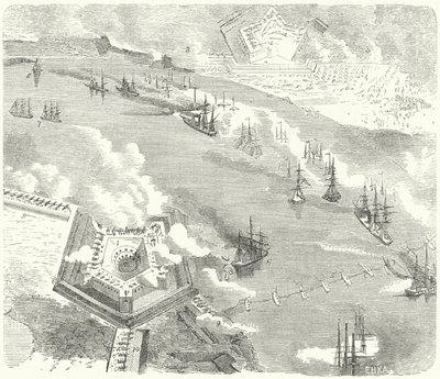 The Union Fleet Attacking Fort Jackson and Fort St. Philip, Louisiana, American Civil War, 1862 by German School