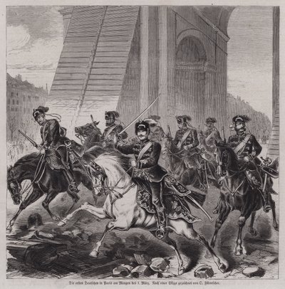 The first German soldiers entering Paris to occupy the city after the end of the Franco-Prussian War by German School