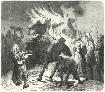 The legendary Swedish King Sigurd Hring burning the body of Harald Wartooth after the Battle of the Bravellir by German School