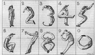 The ten figures by Harlequin. (Reduction of half of the original, from the collection of Gaston Tissandier). German engraving of the 18th century in 