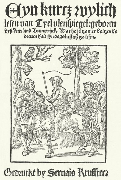 The title page of the oldest known Low German edition of Till Eulenspiegel, printed by Servais Kruffter by German School