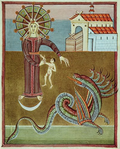 The woman clothed with the sun being attacked by the dragon with seven heads, facsimile of the Bamberg Apocalypse by German School