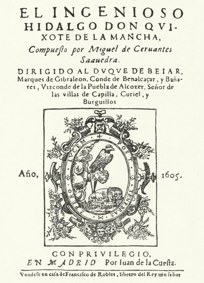 Title page from the first edition of the novel Don Quixote, by Miguel de Cervantes by German School