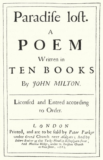 Title page from the original edition of Paradise Lost by the English poet John Milton, published in 1667 by German School