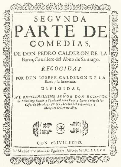 Title page from the second of four volumes of the Comedias of Calderon, published in 1637 by German School