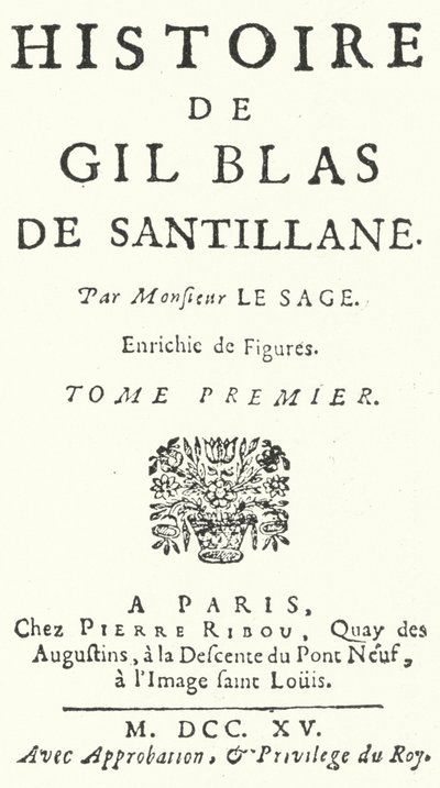 Title Page of the First Edition of Gil Blas by the French Novelist and Playwright Alain-Rene Lesage, Published in 1715 (engraving) by German School