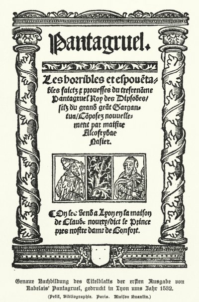 Title Page of the First Edition of Pantagruel by Francois Rabelais, Printed in Lyon in 1532 by German School