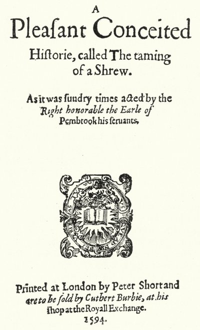 Title page of the first edition of the Shakespeare comedy The Taming of the Shrew by German School