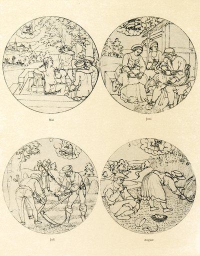 Twelve calendar images in a circular shape by German School
