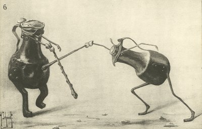 Two jugs fighting a duel by German School