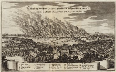View of the city of London and the horrifying fire which burned for four days long by German School