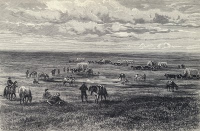 Wagon train on the prairies of South Dakota, USA by German School