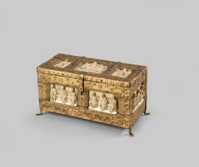 Walrus Ivory Figures Mounted on a Medieval-Style and Copper-Clad Oak Box, Ivory 11th or 12th Century by German School
