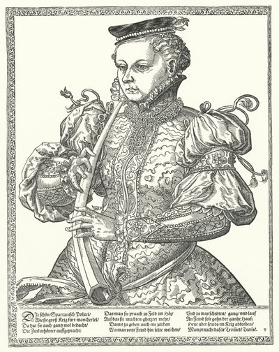 Woman playing a horn by German School