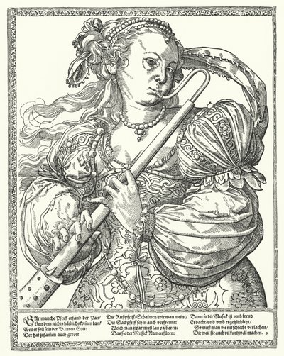 Woman playing a recorder (engraving) by German School