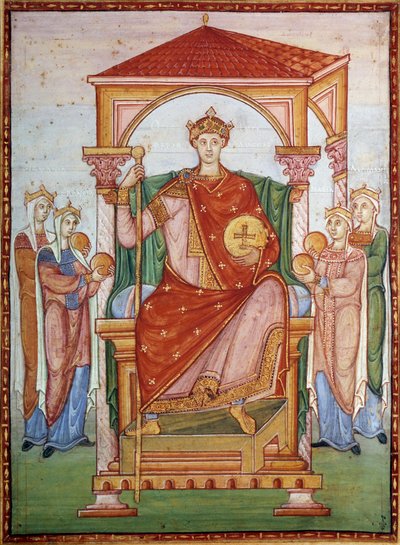 Otto III receiving the tribute of the nations. Miniature from the manuscript 