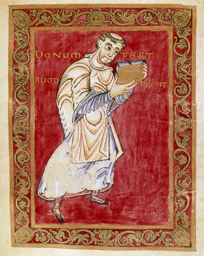The Monk Ruodprecht Takes the Manuscript to the Archbishop Egbert of Trier. Miniature of the Codex of Egbert by the school of Reichenau. Cividale del Friuli, Museo Archeologico or Cathedral of Cividale by German School