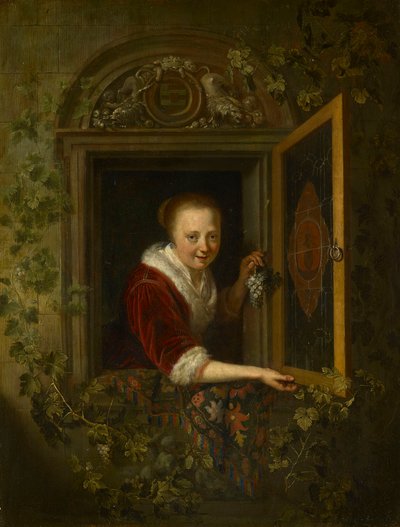 A Girl with a Bunch of Grapes at a Window by Gerrit Dou