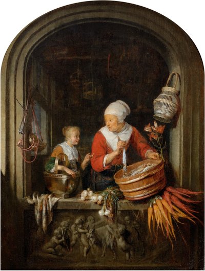 Woman Selling Herring and Girl in a Window by Gerrit Dou