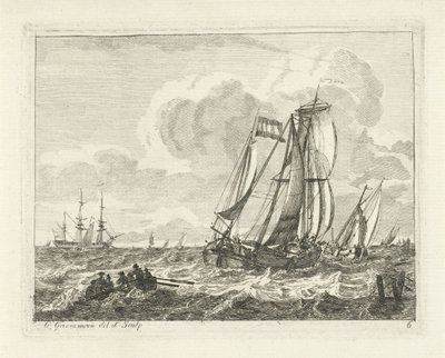 Sailing Ships and a Rowboat on Open Water by Gerrit Groenewegen