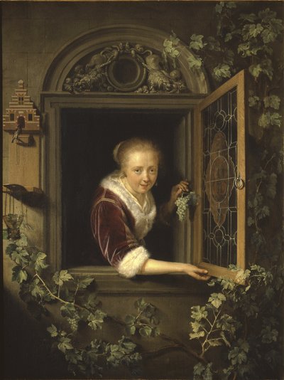 Young Woman at the Window with a Bunch of Grapes by Gerrit Dou
