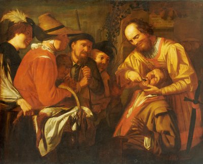 A Quack Dentist Extracting a Tooth, While a Group of Onlookers Watch Nearby by Gerrit van Honthorst