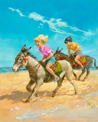 Boy and girl riding donkeys on the beach by Gerritt Vandersyde